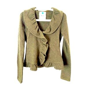 Anthropologie Sparrow Olive Green 100% Wool‎ Ruffle Cardigan Sweater Blazer XS